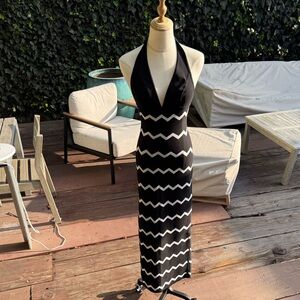 Hervé Léger Vintage 90s Black & White Chevron Halter Gown